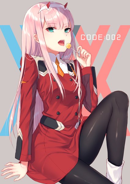 Anime picture 870x1228 with darling in the franxx studio trigger zero two (darling in the franxx) nunucco single long hair tall image looking at viewer blush fringe open mouth hair between eyes sitting holding payot pink hair bent knee (knees) long sleeves aqua eyes grey background