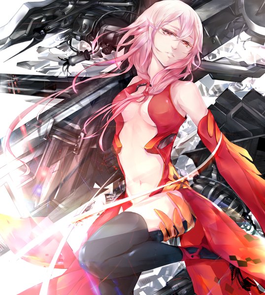 Anime picture 897x1000 with guilty crown production i.g yuzuriha inori hellipa single long hair tall image breasts light erotic red eyes bare shoulders pink hair midriff center opening mechanical girl thighhighs black thighhighs detached sleeves bodysuit