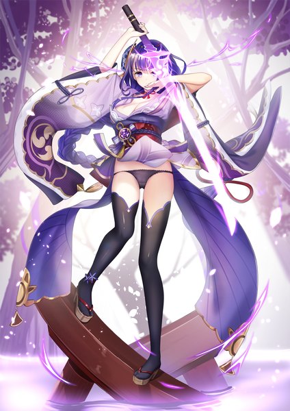 Anime picture 3307x4677 with genshin impact raiden shogun yan (nicknikg) single tall image looking at viewer fringe highres breasts light erotic large breasts purple eyes holding absurdres cleavage purple hair full body blunt bangs braid (braids) very long hair