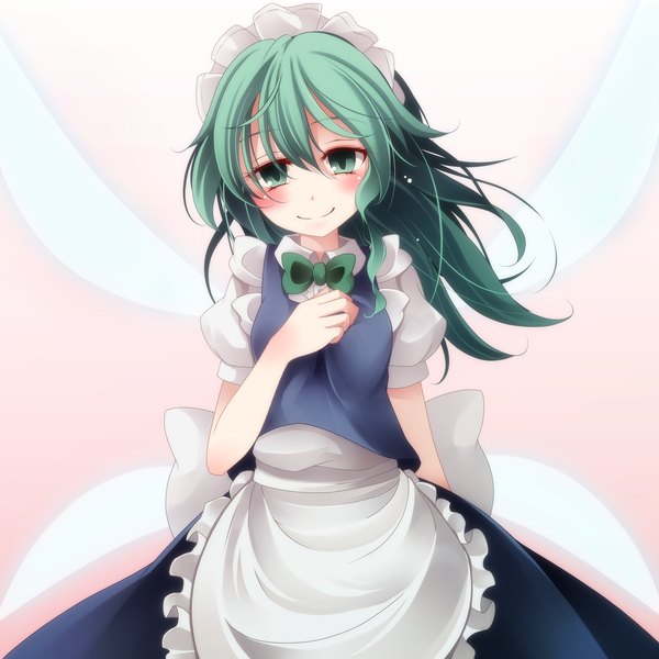Anime picture 2000x2000 with touhou s-syogo long hair blush highres smile green eyes green hair maid girl wings headdress bowtie maid headdress
