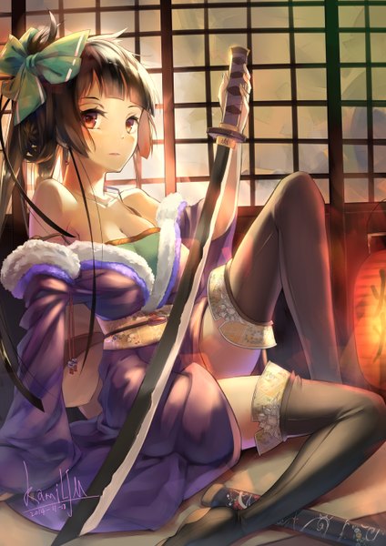 Anime picture 1000x1416 with original kamiljm single long hair tall image looking at viewer black hair red eyes sitting twintails bare shoulders signed traditional clothes japanese clothes girl thighhighs ribbon (ribbons) weapon hair ribbon sword
