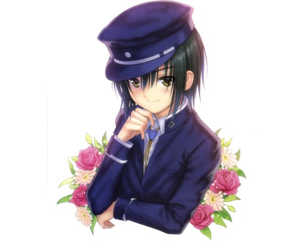 Anime picture 2560x2048 with angel beats! key (studio) naoi ayato goto p single highres black hair smile white background yellow eyes boy hat rose (roses)