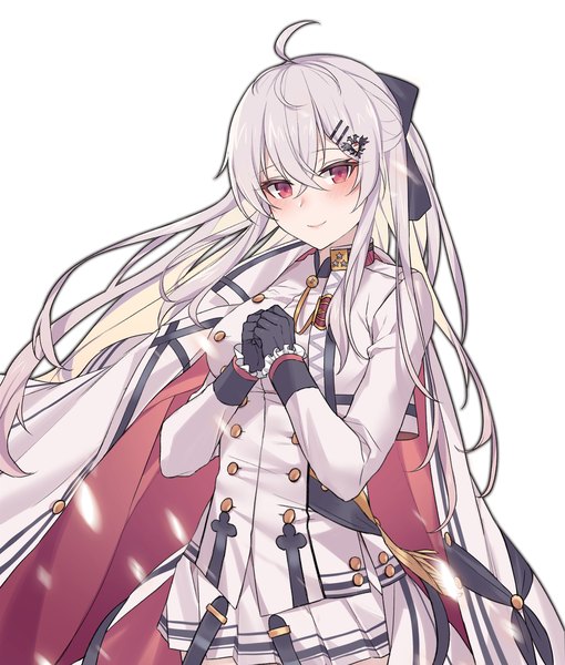 Anime picture 1819x2139 with girls frontline iws-2000 (girls frontline) jingo single long hair tall image looking at viewer blush fringe highres breasts simple background smile hair between eyes red eyes standing white background payot silver hair ahoge