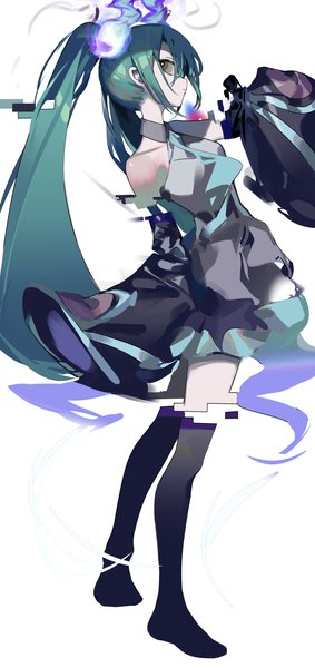 Anime picture 2698x5728 with vocaloid project voltage hatsune miku ghost miku (project voltage) zzzzzzzz single tall image looking at viewer fringe highres simple background hair between eyes white background twintails green eyes full body very long hair profile green hair girl