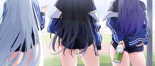 Anime picture 4320x1860 with blue archive rio (blue archive) yuuka (blue archive) yuuka (gym uniform) (blue archive) noa (blue archive) yuki (asayuki101) long hair highres light erotic black hair wide image standing multiple girls holding silver hair purple hair ass long sleeves very long hair from behind