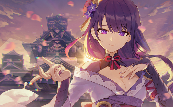Anime picture 1760x1092 with genshin impact raiden shogun pellas (panix2383) single long hair looking at viewer fringe highres breasts smile wide image purple eyes cleavage purple hair upper body blunt bangs nail polish mole mole under eye hand on chest