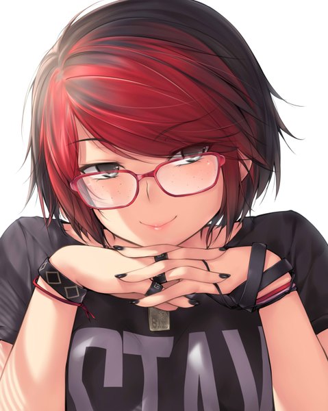 Anime-Bild 2448x3065 mit real life stayblack ashley rosemarry kopianget single tall image looking at viewer blush fringe highres short hair black hair simple background smile white background red hair nail polish head tilt multicolored hair fingernails