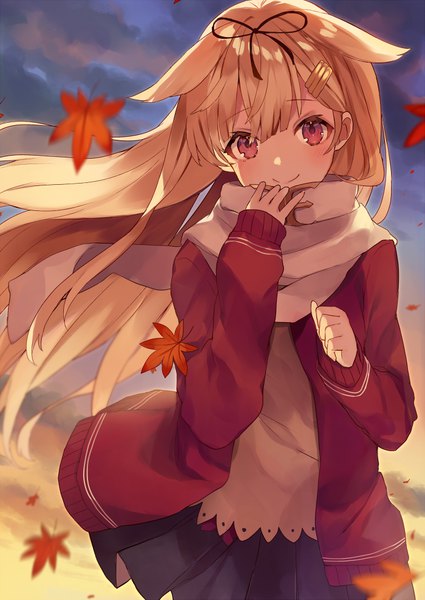 Anime picture 700x987 with kantai collection yuudachi destroyer shugao single long hair tall image looking at viewer blush fringe blonde hair smile hair between eyes cloud (clouds) head tilt pleated skirt pink eyes wind autumn remodel (kantai collection) girl