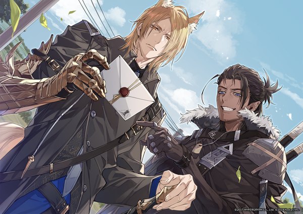 Anime picture 1920x1357 with arknights mlynar (arknights) toland (arknights) senzaki makoto highres short hair blue eyes black hair blonde hair smile holding animal ears sky cloud (clouds) outdoors ponytail tail animal tail official art multiple boys