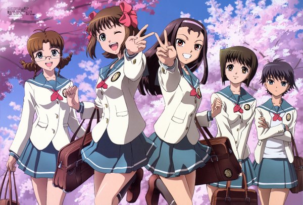 Anime picture 4943x3354 with idolmaster idolmaster xenoglossia amami haruka minase iori kikuchi makoto hagiwara yukiho akizuki ritsuko highres cherry blossoms spring serafuku