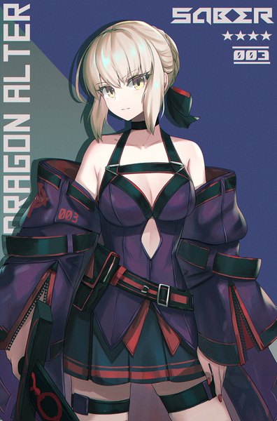 Anime picture 1000x1517 with fate (series) fate/stay night artoria pendragon (all) saber alter dolce (dolsuke) single tall image looking at viewer fringe breasts simple background blonde hair standing bare shoulders holding yellow eyes payot cleavage long sleeves nail polish