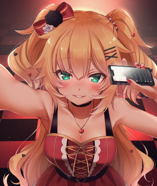 Anime picture 2189x2584 with virtual youtuber hololive akai haato akai haato (5th costume) makinan single long hair tall image looking at viewer blush highres breasts blonde hair smile holding green eyes cleavage upper body very long hair nail polish