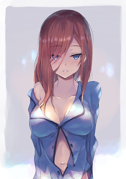Anime picture 778x1100 with go-toubun no hanayome nakano miku inoue takuya (tactactak) single long hair tall image looking at viewer blush fringe breasts blue eyes light erotic simple background brown hair large breasts standing upper body parted lips hair over one eye off shoulder