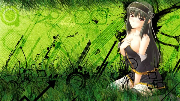 Anime picture 1920x1080 with kimi ga aruji de shitsuji ga ore de kuonji shinra single long hair highres light erotic black hair red eyes wide image bare shoulders green background girl plant (plants) hairband grass