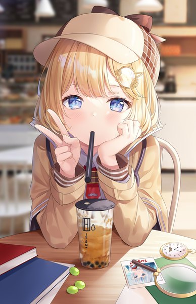 Anime picture 1035x1600 with virtual youtuber hololive hololive english gawr gura watson amelia hitsukuya single tall image looking at viewer blush fringe short hair blue eyes blonde hair holding upper body indoors long sleeves blurry depth of field