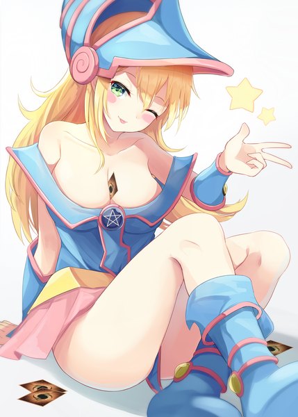 Anime picture 1036x1449 with yu-gi-oh! dark magician girl igayan single long hair tall image looking at viewer blush fringe breasts light erotic simple background blonde hair hair between eyes large breasts white background sitting bare shoulders green eyes cleavage