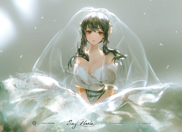 Anime picture 1362x992 with spy x family yor briar say hana single long hair looking at viewer fringe breasts light erotic black hair hair between eyes red eyes signed cleavage girl dress wedding dress wedding veil bride