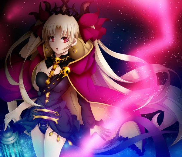 Anime picture 1500x1291 with fate (series) fate/grand order ereshkigal (fate) kitahara kiyoshi single long hair looking at viewer fringe open mouth light erotic blonde hair red eyes standing holding two side up magic dark background girl ribbon (ribbons) hair ribbon