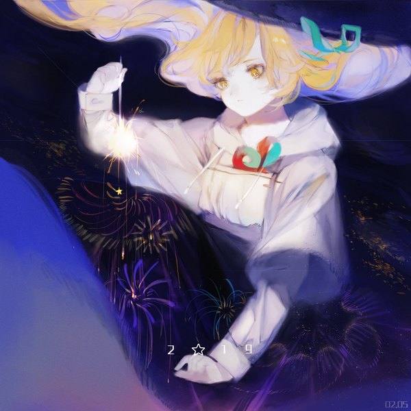 Anime picture 3507x3507 with touhou kirisame marisa zhixie jiaobu single long hair highres blonde hair yellow eyes looking away absurdres upper body dated 2019 chinese new year girl hat bengal light