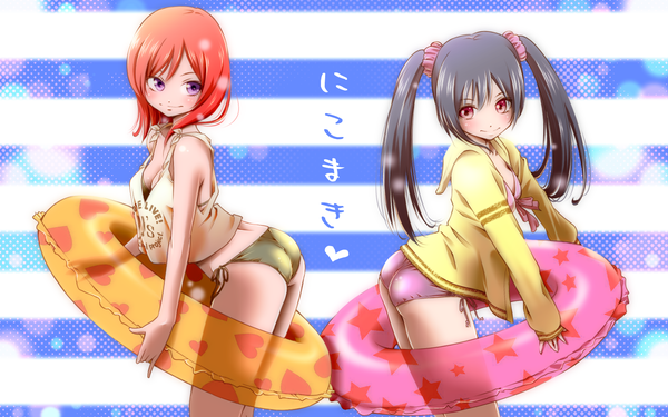 Anime picture 1600x1000 with love live! school idol project sunrise (studio) love live! nishikino maki yazawa nico santamonica long hair blush short hair breasts light erotic black hair smile red eyes standing twintails bare shoulders multiple girls pink hair ass