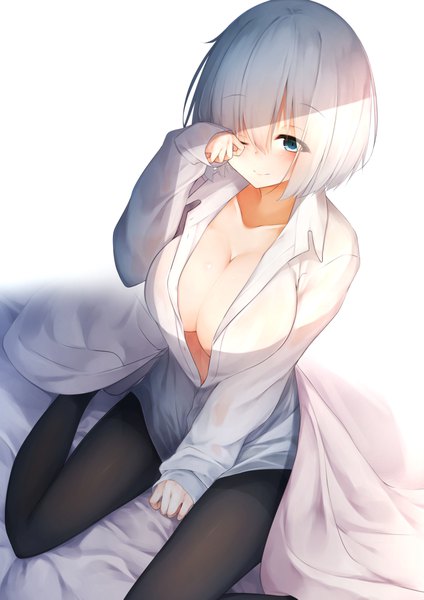 Anime picture 2894x4093 with kantai collection hamakaze destroyer waterdog single tall image looking at viewer blush highres short hair breasts blue eyes light erotic simple background large breasts white background sitting cleavage white hair one eye closed from above
