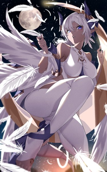 Anime picture 1557x2500 with original azarashi (azrsot) single long hair tall image looking at viewer fringe breasts blue eyes light erotic hair between eyes large breasts sitting bare shoulders holding payot full body bent knee (knees) outdoors white hair