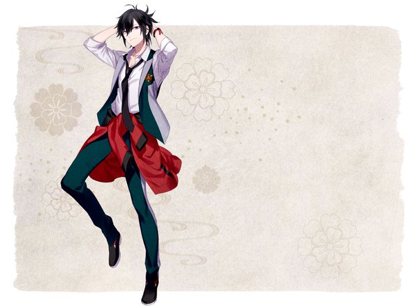 Anime picture 1133x835 with yuugen romantica rejet hifumi (yuugen romantica) tayuya1130 single looking at viewer fringe short hair black hair hair between eyes standing purple eyes full body official art standing on one leg arms behind head open collar clothes around waist boy uniform