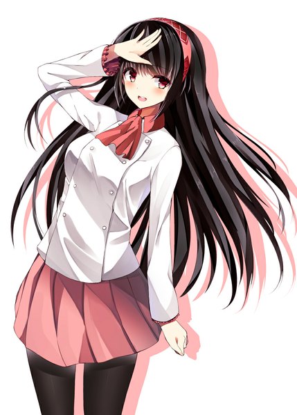 Anime picture 800x1119 with original iori (cpeilad) single long hair tall image looking at viewer blush open mouth black hair red eyes girl skirt shirt pantyhose hairband