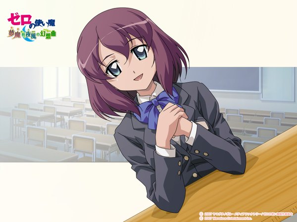 Anime picture 1600x1200 with zero no tsukaima j.c. staff henrietta de tristain single looking at viewer fringe short hair open mouth smile hair between eyes purple hair upper body :d aqua eyes official art copyright name girl bowtie blazer