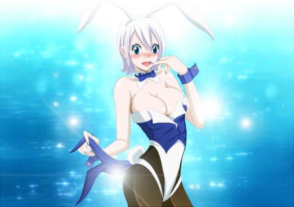 Anime picture 1250x880 with fairy tail lisanna strauss ric9duran single looking at viewer blush short hair breasts open mouth light erotic large breasts bare shoulders animal ears cleavage white hair tail nail polish animal tail light smile bunny ears