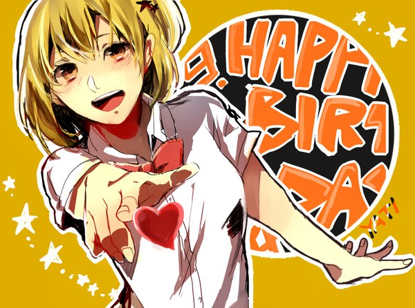 Anime picture 819x609 with haikyuu!! production i.g hitoka yachi mii (sogemasaru) single looking at viewer short hair open mouth simple background blonde hair brown eyes character names one side up outstretched arm yellow background happy birthday pointing pointing at viewer girl uniform