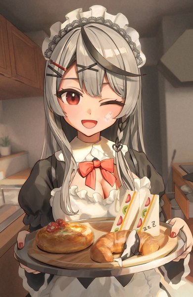 Anime picture 2818x4333 with virtual youtuber hololive sakamata chloe remi (rem67763852) single long hair tall image looking at viewer highres open mouth smile red eyes cleavage nail polish one eye closed grey hair maid alternate costume cleavage cutout red nail polish