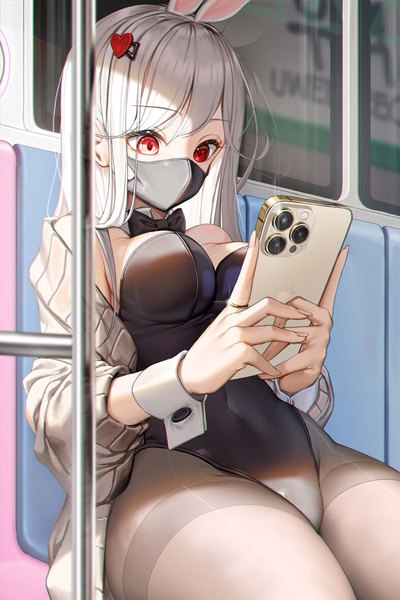 Anime-Bild 1667x2500 mit original lee seok ho single long hair tall image fringe breasts light erotic red eyes large breasts sitting holding animal ears looking away silver hair off shoulder open clothes bunny ears covered navel fake animal ears