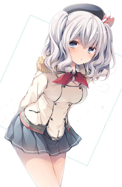 Anime picture 770x1172 with kantai collection kashima training cruiser komeshiro kasu single long hair tall image looking at viewer blush fringe hair between eyes white background twintails silver hair parted lips grey eyes leaning leaning forward hands behind back girl uniform
