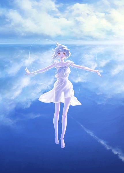 Anime picture 860x1200 with original hisakata souji single tall image looking at viewer short hair light erotic silver hair cloud (clouds) barefoot orange eyes no panties reflection spread arms horizon fantasy weightlessness see-through silhouette girl dress