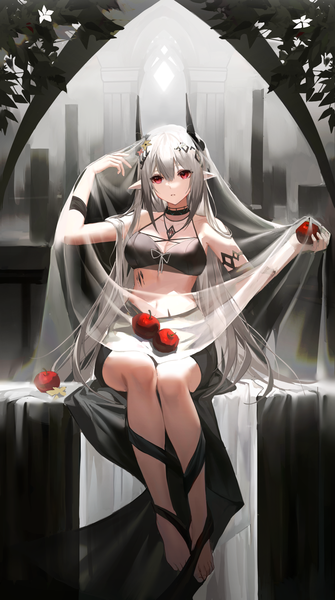 Anime picture 999x1788 with arknights mudrock (arknights) mudrock (silent night) (arknights) kernel killer single long hair tall image fringe breasts light erotic hair between eyes red eyes sitting holding payot looking away full body parted lips barefoot hair flower