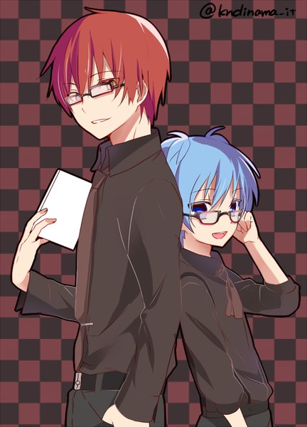 Anime picture 645x896 with ansatsu kyoushitsu shiota nagisa akabane karma hi-ma tall image looking at viewer fringe blue eyes simple background hair between eyes twintails holding signed yellow eyes blue hair ahoge red hair parted lips head tilt multiple boys
