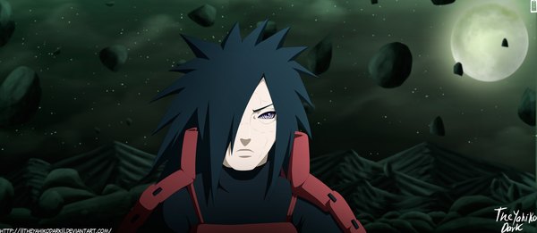 Anime picture 1600x697 with naruto studio pierrot naruto (series) uchiha madara iitheyahikodarkii single long hair fringe black hair wide image purple eyes cloud (clouds) hair over one eye night sky coloring rinnegan boy star (stars) full moon