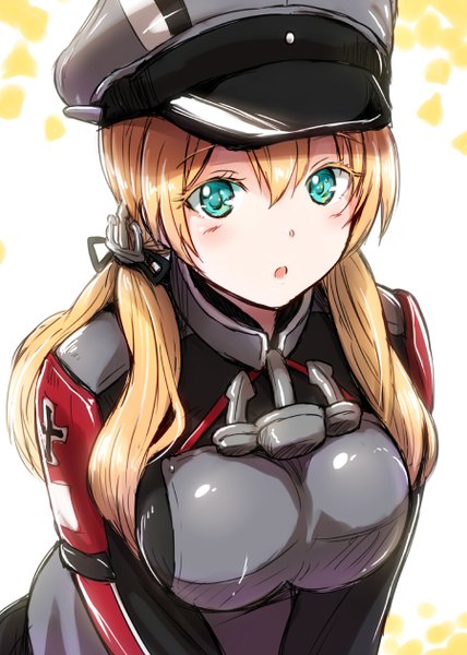 Anime-Bild 900x1260 mit kantai collection prinz eugen (kantai collection) eri (resia) single long hair tall image looking at viewer blush breasts open mouth blonde hair large breasts twintails aqua eyes breast squeeze girl uniform military uniform peaked cap flat cap