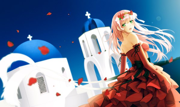 Anime picture 2004x1200 with darling in the franxx studio trigger zero two (darling in the franxx) rko (a470350510) single long hair blush fringe highres open mouth hair between eyes wide image standing bare shoulders green eyes pink hair sky outdoors looking back hair flower