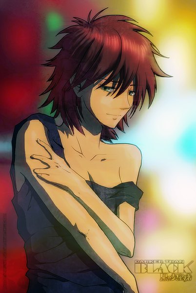 Anime picture 537x800 with darker than black studio bones havoc single tall image short hair bare shoulders green eyes red hair inscription looking down girl