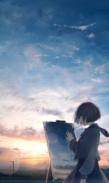 Anime picture 1254x2100 with original mifuru single tall image short hair black hair sky cloud (clouds) outdoors eyes closed long sleeves profile pleated skirt wind lens flare city cityscape painting girl skirt