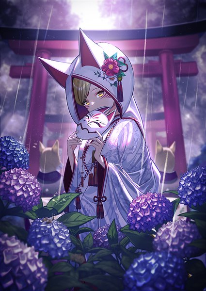 Anime picture 637x900 with original unowen tall image looking at viewer short hair blonde hair yellow eyes outdoors traditional clothes japanese clothes from below solo focus rain covered mouth girl flower (flowers) animal kimono mask torii