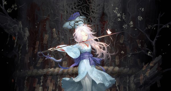 Anime picture 1422x763 with touhou saigyouji yuyuko saigyou ayakashi seeker long hair looking at viewer fringe red eyes wide image pink hair traditional clothes japanese clothes hair over one eye girl weapon plant (plants) sword tree (trees) kimono katana