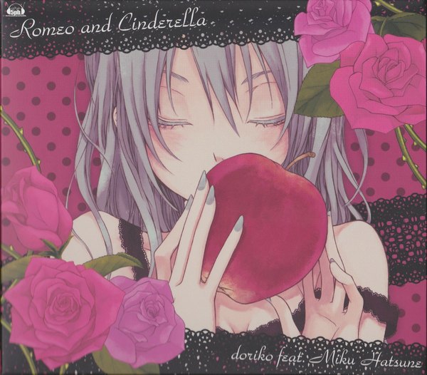 Anime picture 1691x1485 with vocaloid romeo to cinderella (vocaloid) hatsune miku nezuki single long hair blush bare shoulders eyes closed scan silver eyes girl dress flower (flowers) rose (roses) apple