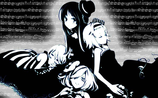 Anime picture 1920x1200 with k-on! kyoto animation akiyama mio hirasawa yui kotobuki tsumugi tainaka ritsu hajimenimodoru long hair highres short hair wide image multiple girls monochrome third-party edit don't say "lazy" girl 4 girls musical note