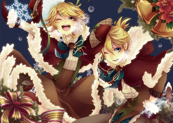 Anime picture 1016x721 with vocaloid kagamine rin kagamine len domco short hair blue eyes blonde hair smile ponytail one eye closed wink night sky happy christmas dark background spread arms skirt lift exhalation twins girl