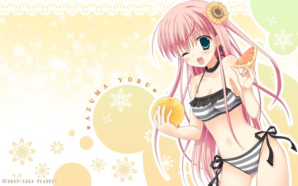 Anime picture 1920x1200 with hatsuyuki sakura azuma yoru moribe (rabumanyo) single long hair blush highres open mouth wide image green eyes pink hair one eye closed wink girl navel swimsuit striped bikini orange (fruit)