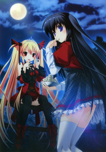 Anime picture 2439x3500 with bloody rondo (game) luna freed queen makita maki long hair tall image highres blue eyes black hair blonde hair red eyes twintails multiple girls night lolita fashion girl thighhighs 2 girls food moon full moon