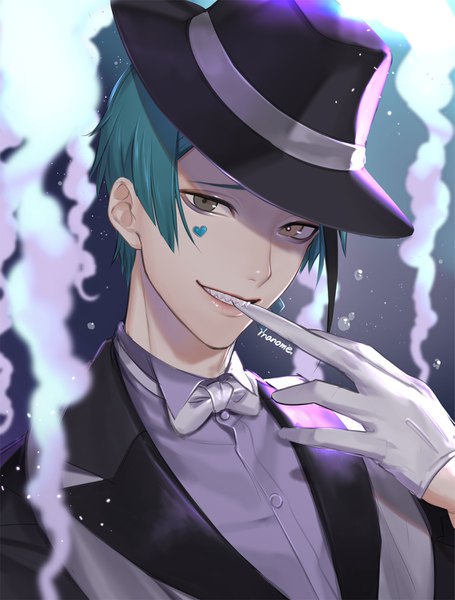 Anime picture 1137x1500 with twisted wonderland jade leech inanome me single tall image looking at viewer short hair signed upper body aqua hair teeth heterochromia sharp teeth glove biting boy gloves hat white gloves bowtie